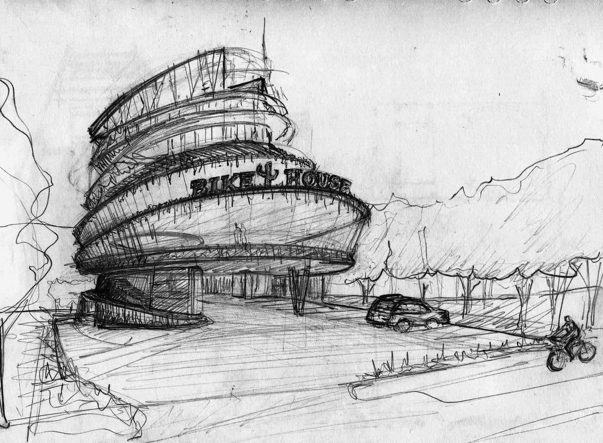 Sketch original de Bike House, pieza de la experiencia de realidad aumentada de Vicaría Arquitectura