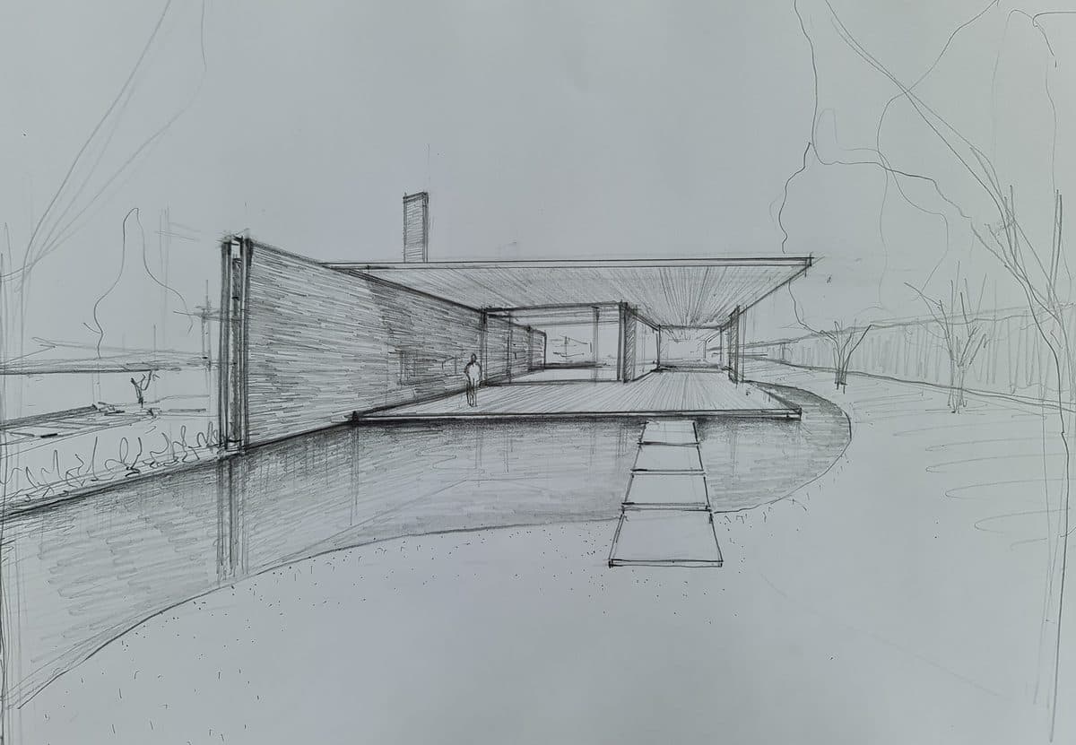 Sketch original de Casa Patio, pieza de la experiencia de realidad aumentada de Vicaría Arquitectura