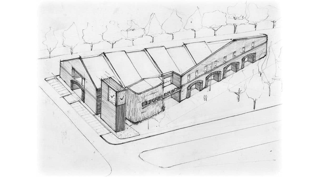 Sketch original de Mercados del Río, pieza de la experiencia de realidad aumentada de Vicaría Arquitectura